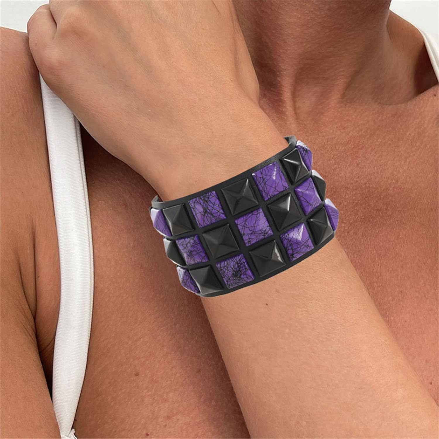 Gothic Punk Checkered Bracelet Set PU Leather Wristbands 3 Pack Balck & Purple