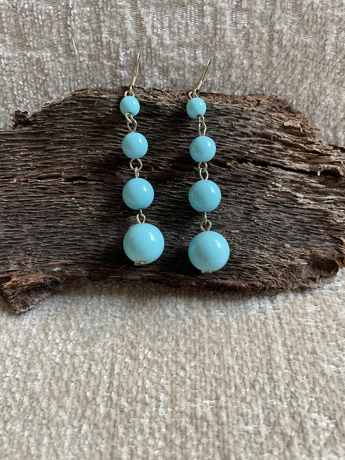 Sky Blue Graduated Bead Dangle Drop Earrings Silver Tone Mod Y2K Boho
