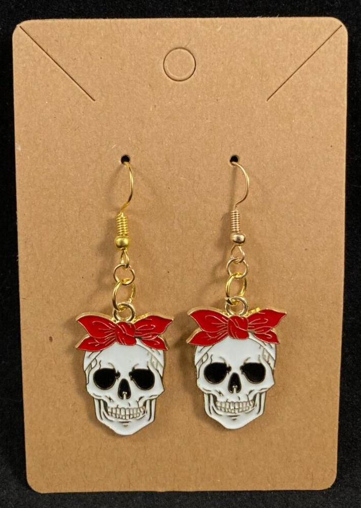 Skull with Red Headband – Dangle – Halloween – Gold – Handmade
