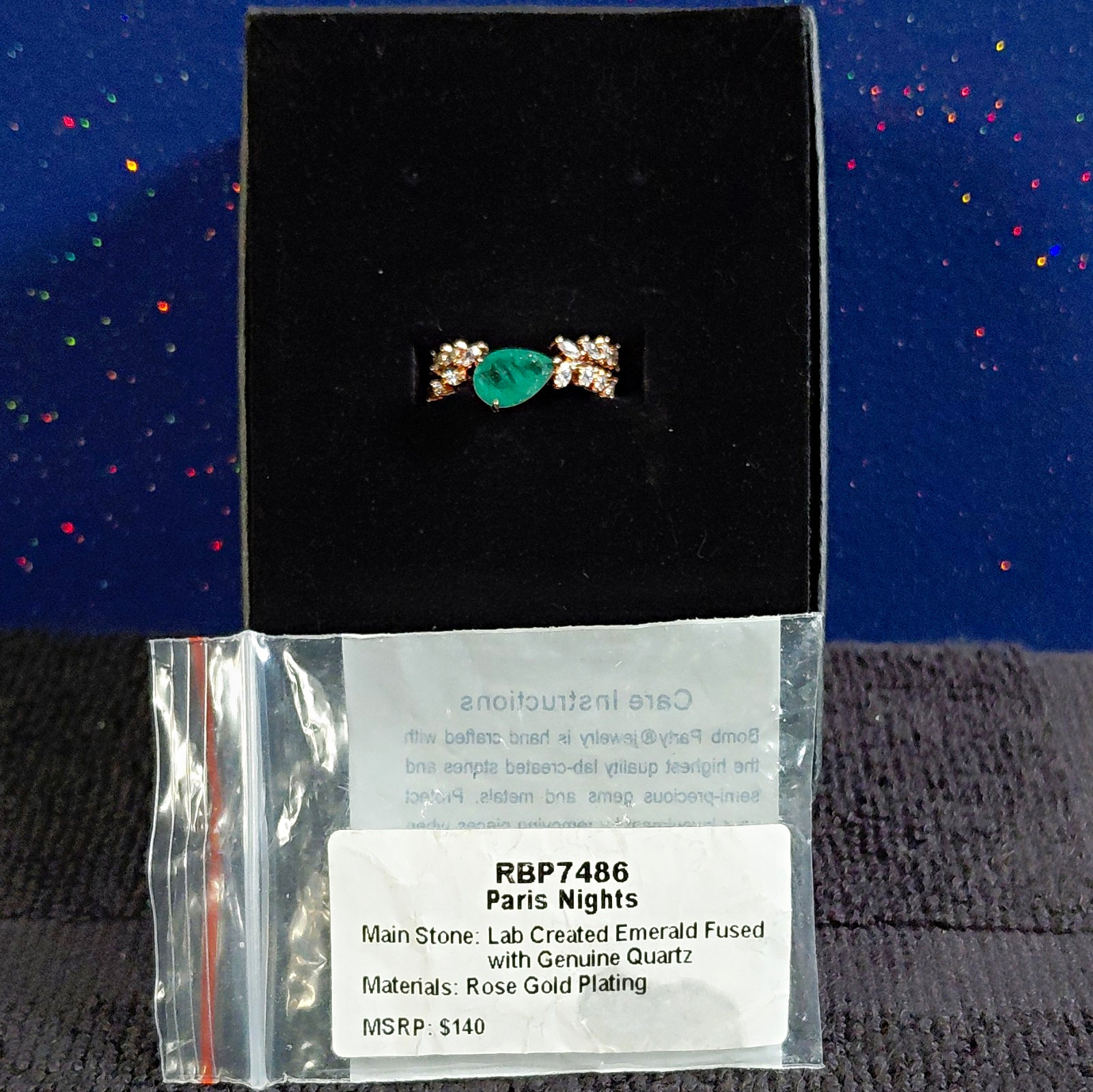 PARIS NIGHTS- Rose Gold Plated Lab Emerald Quartz Ring Size 8 – BP