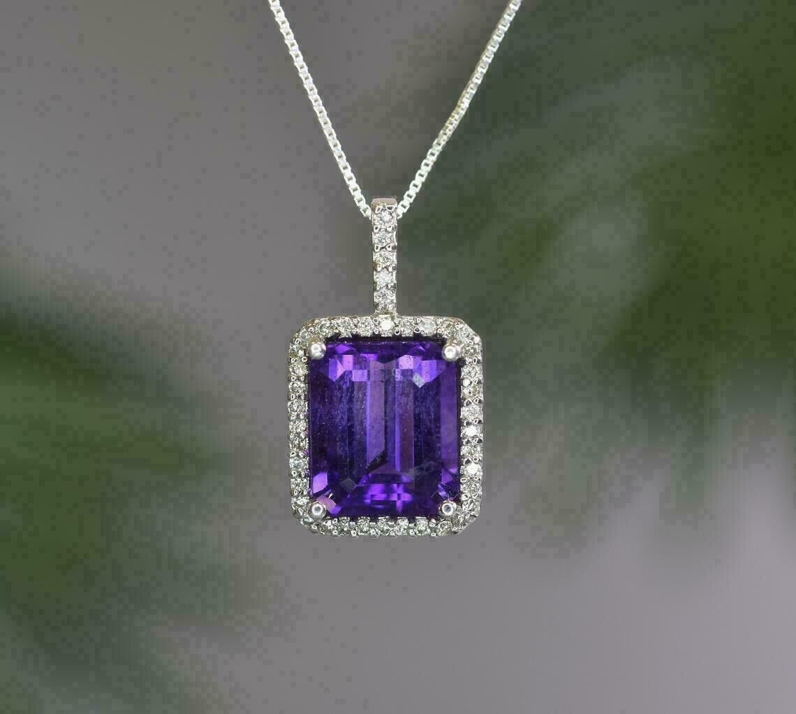 3.50Ct Emerald Cut Simulated Purple Amethyst Halo Pendant 14k White Gold Plated