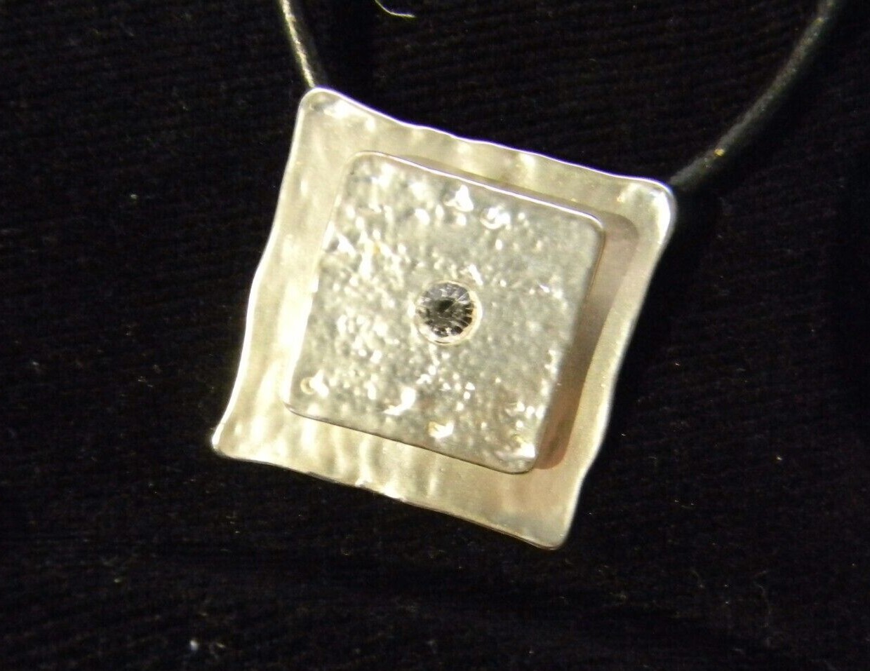 Black & Silver Tone Square Art Deco Pendant w/Zircon Stone Custom Made Necklace