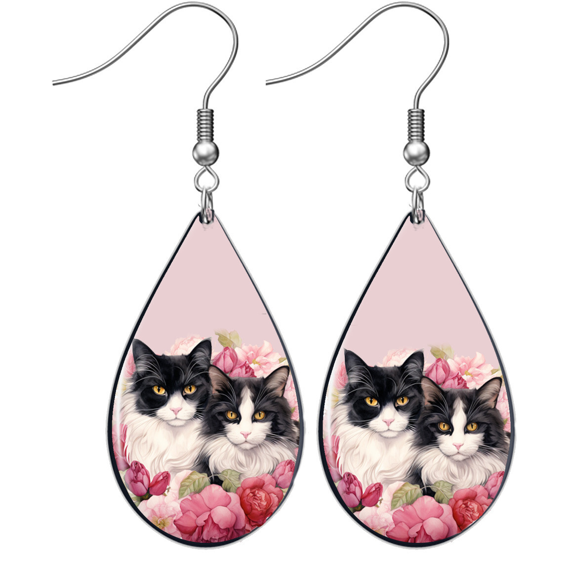 Tuxedo Buddies Cats Earrings Pink Flowers Teardrop Sterling Cat Lover Gift