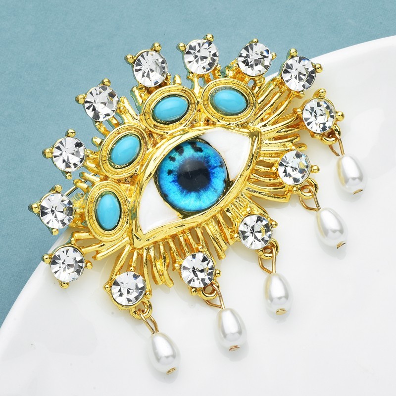 2pcs Evil Eye Brooch Gold Tone Rhinestone Pearl Dangle Statement Lapel Pin
