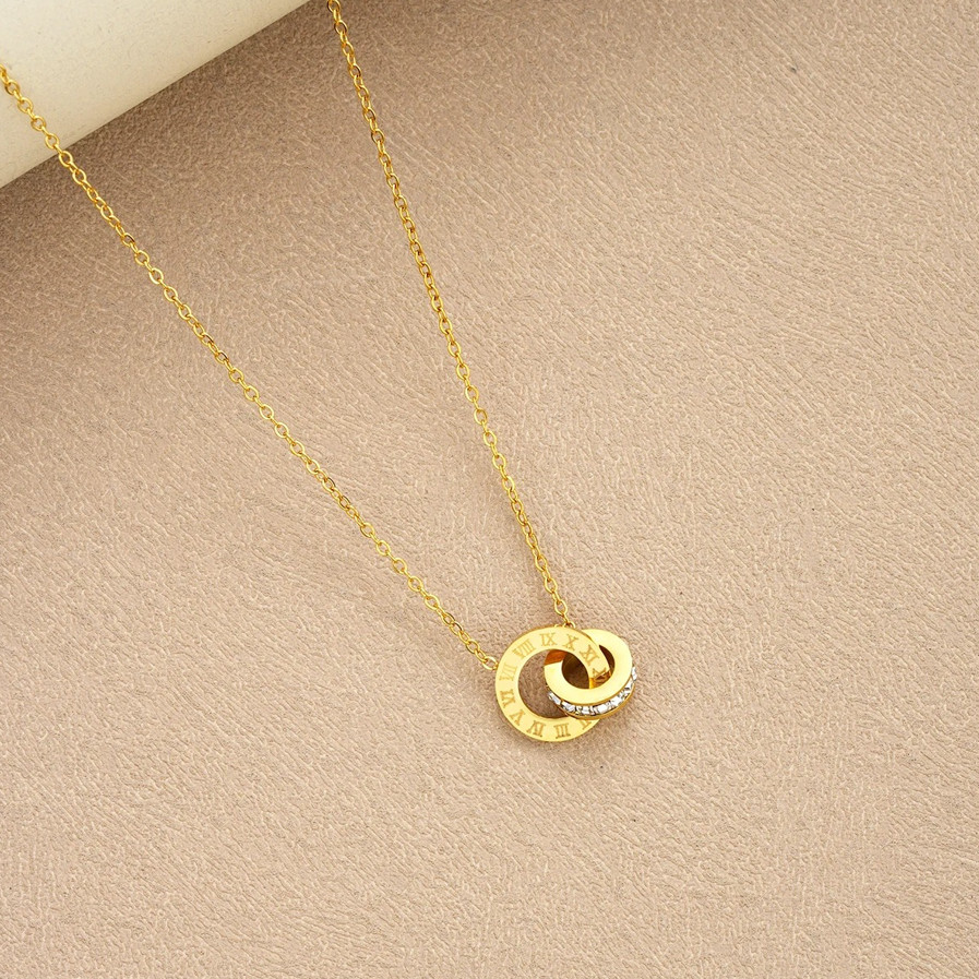 4pcs Gold Stainless Steel Jewelry Set Necklace Bracelet Earrings Roman Circles