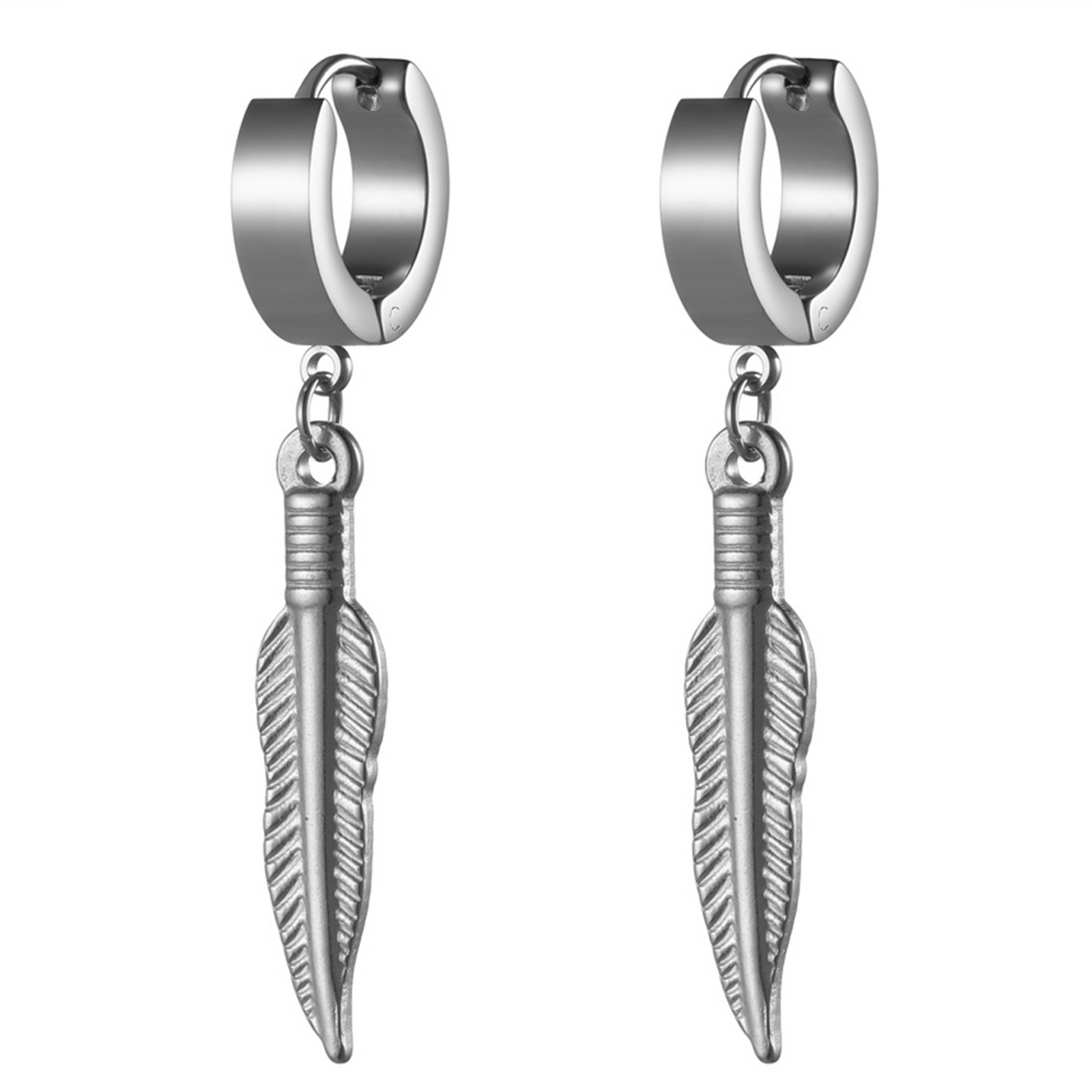 2pcs Drop Dangle Feather Earrings For Men Women Huggie Hinged Stainless Steel