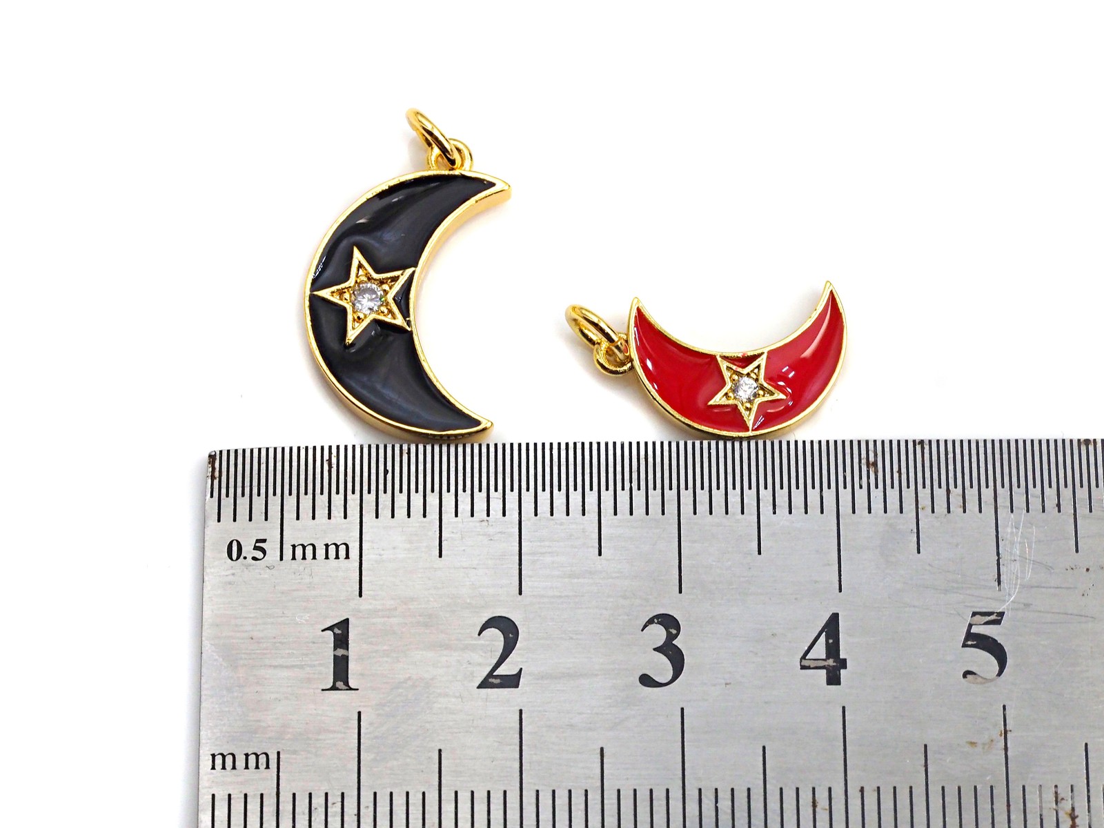 Enamel Moon Star charm, Black Red White Gold CZ Half Moon Pendant, Enamel Moon