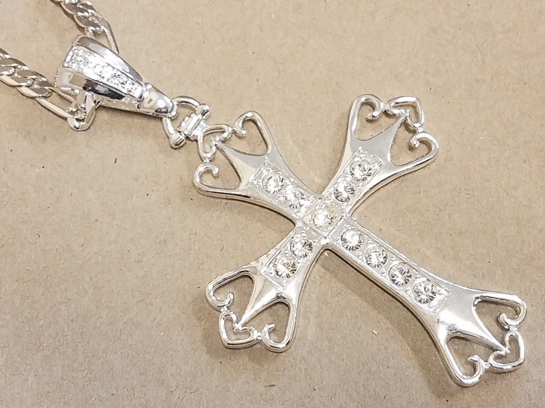 Men’s Silver Plated 30in Long 7mm Wide Figaro Chain & XL Crown CZ Cross Charm