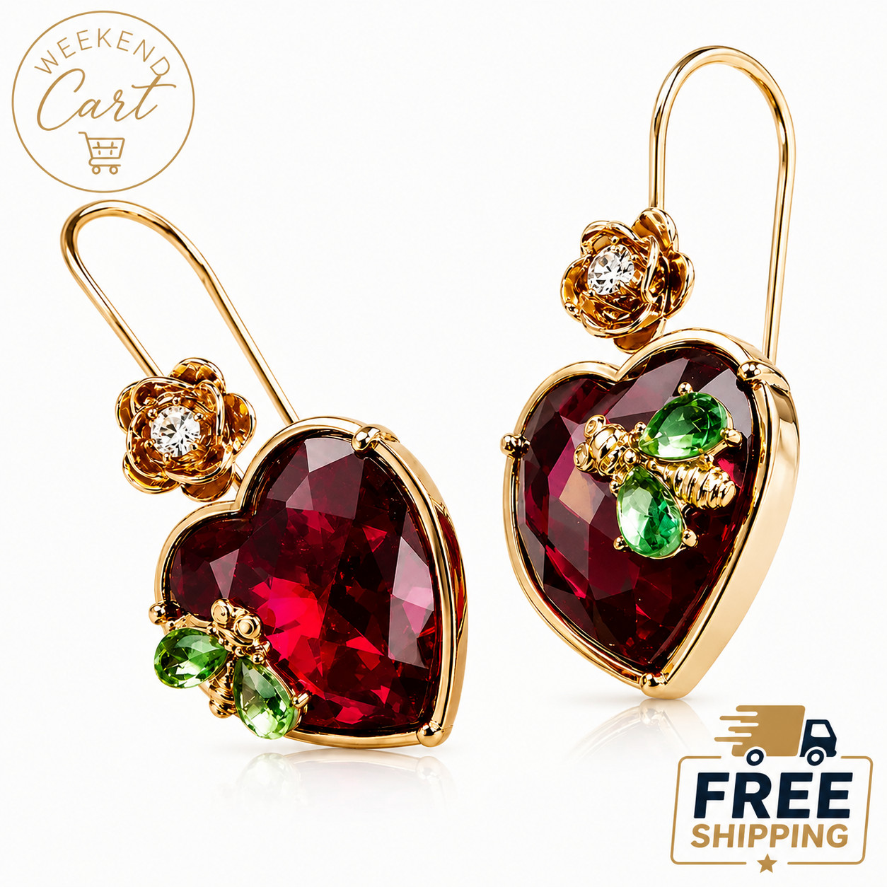 Women’s Red Crystal Heart Dangle Earrings Gold Tone Bee Floral Hook Jewelry