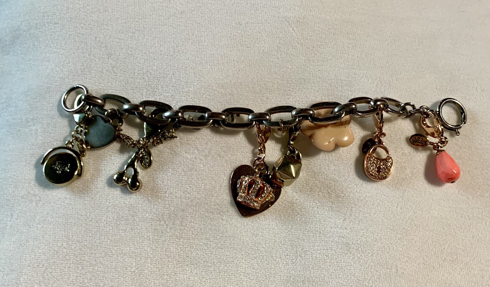 Vintage Y2K Juicy Couture Bracelet With Mixed Heart Dog Lock Charms Box Silver