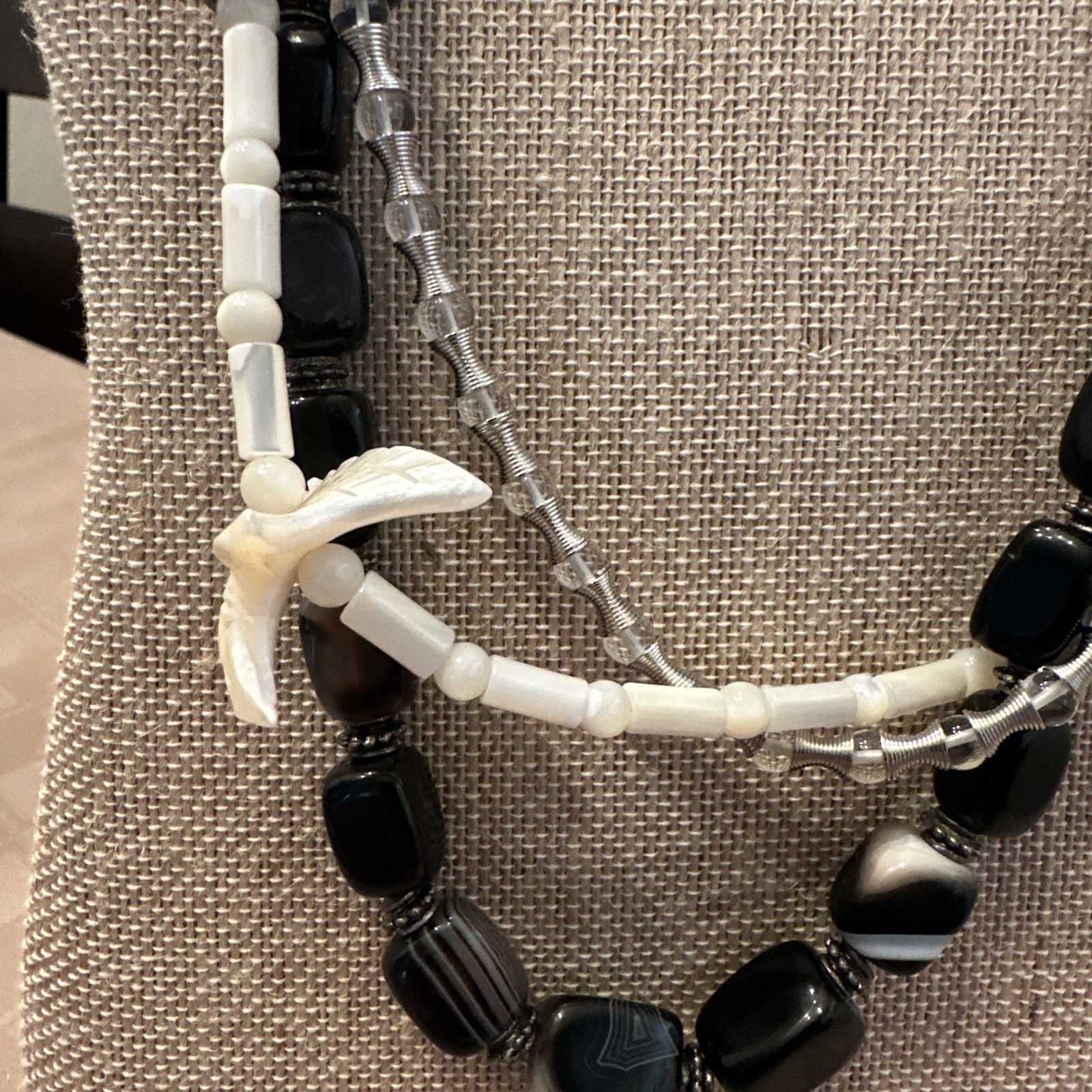 Boho multi strand necklace onyx mother pearl hematite designer statement set.
