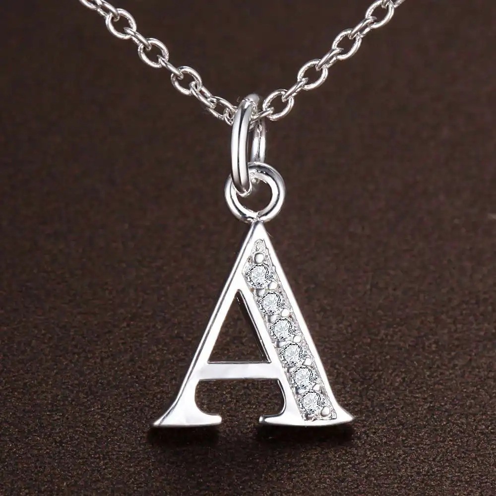 925 Sterling Silver Initial A-Z Letter Pendant Necklace CZ Personalized 18″ N162