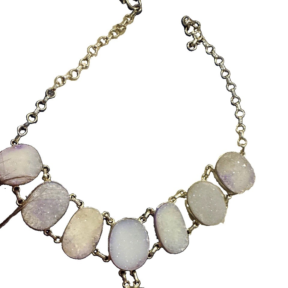 Silver Tone Cable Chain Statement Necklace 7 White Oval Bezel Set Stones