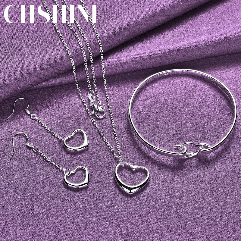 CHSHINE 925 Sterling Silver Heart Bangle Bracelet Earrings Necklace Jewelry Set