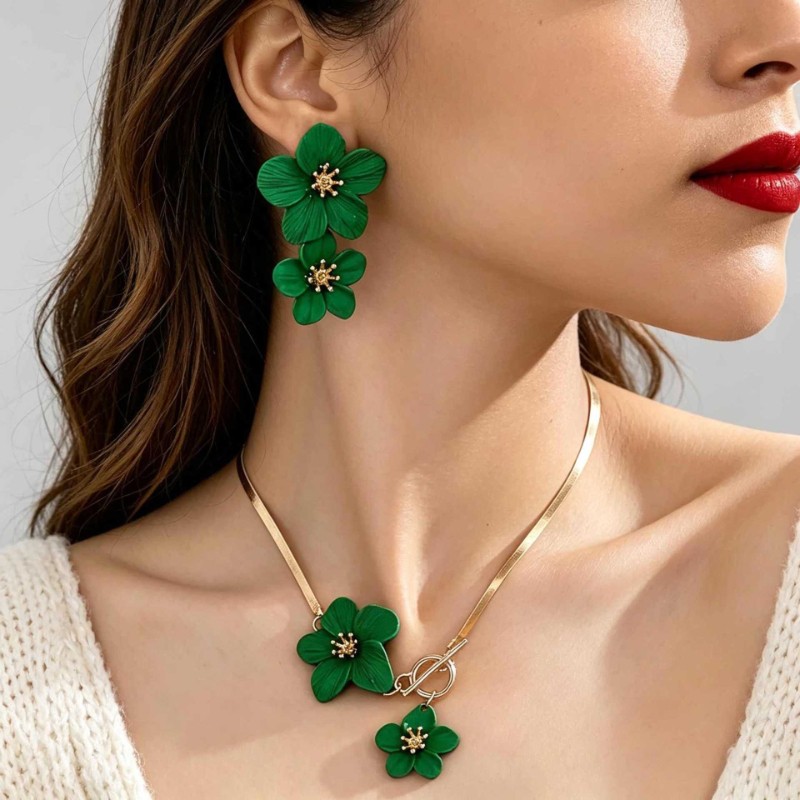  Women’s Fashion Elegant Green Flower Pendant Necklace Earring Set Gift Alloy