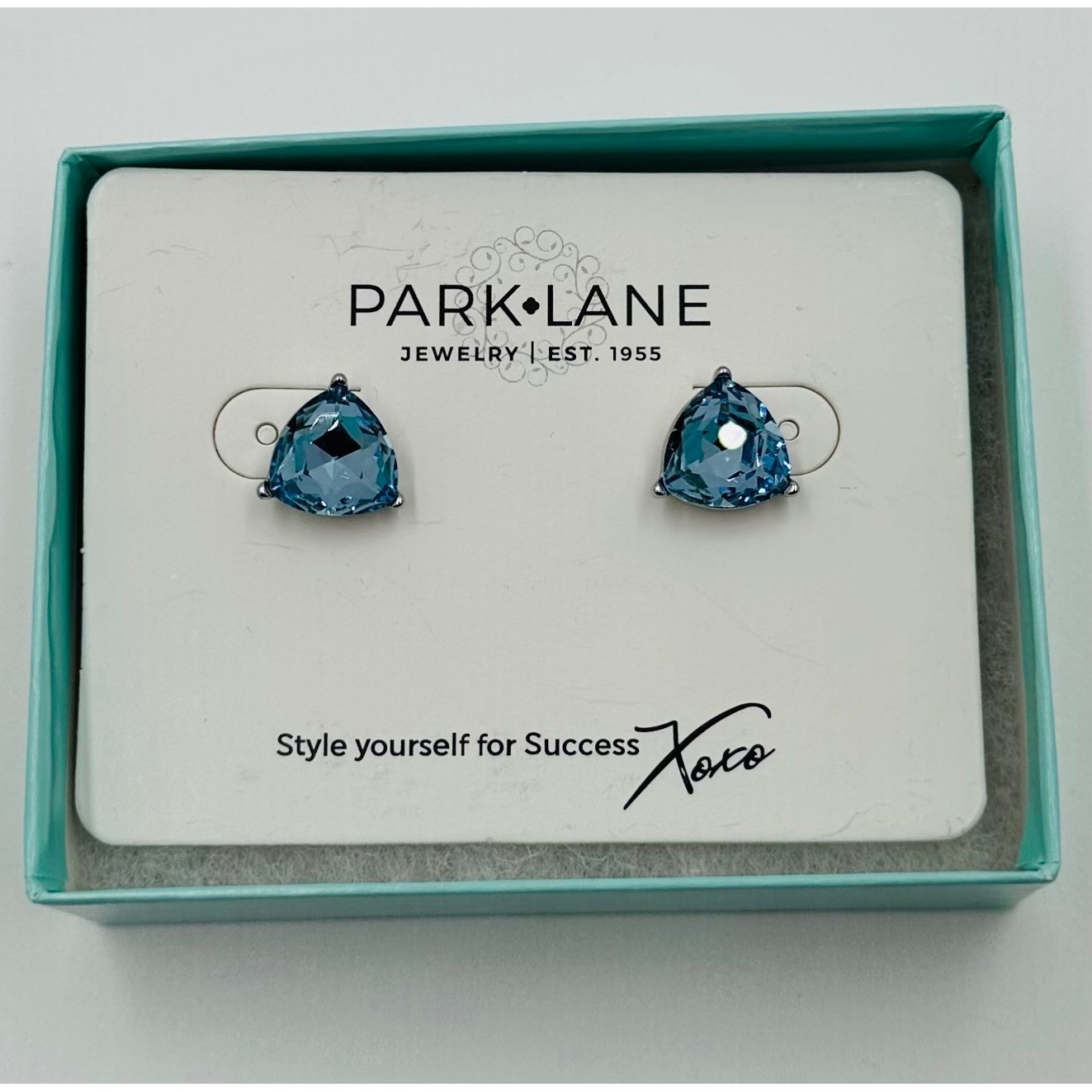 Park Lane Jewelry Impression Earrings Blue Trillion Cut Crystal Studs New in Box