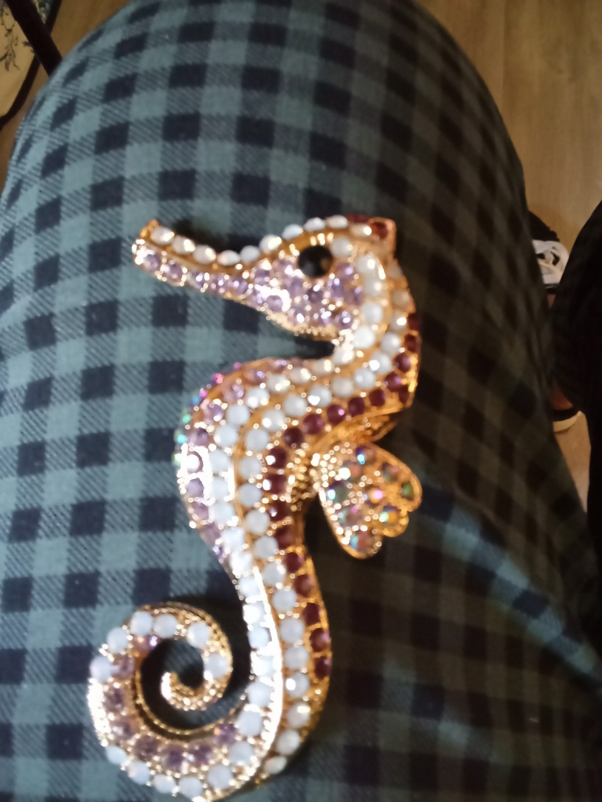 Gold Tone Pavé Rhinestone Seahorse Brooch Pin, White Purple Stones, 4 in