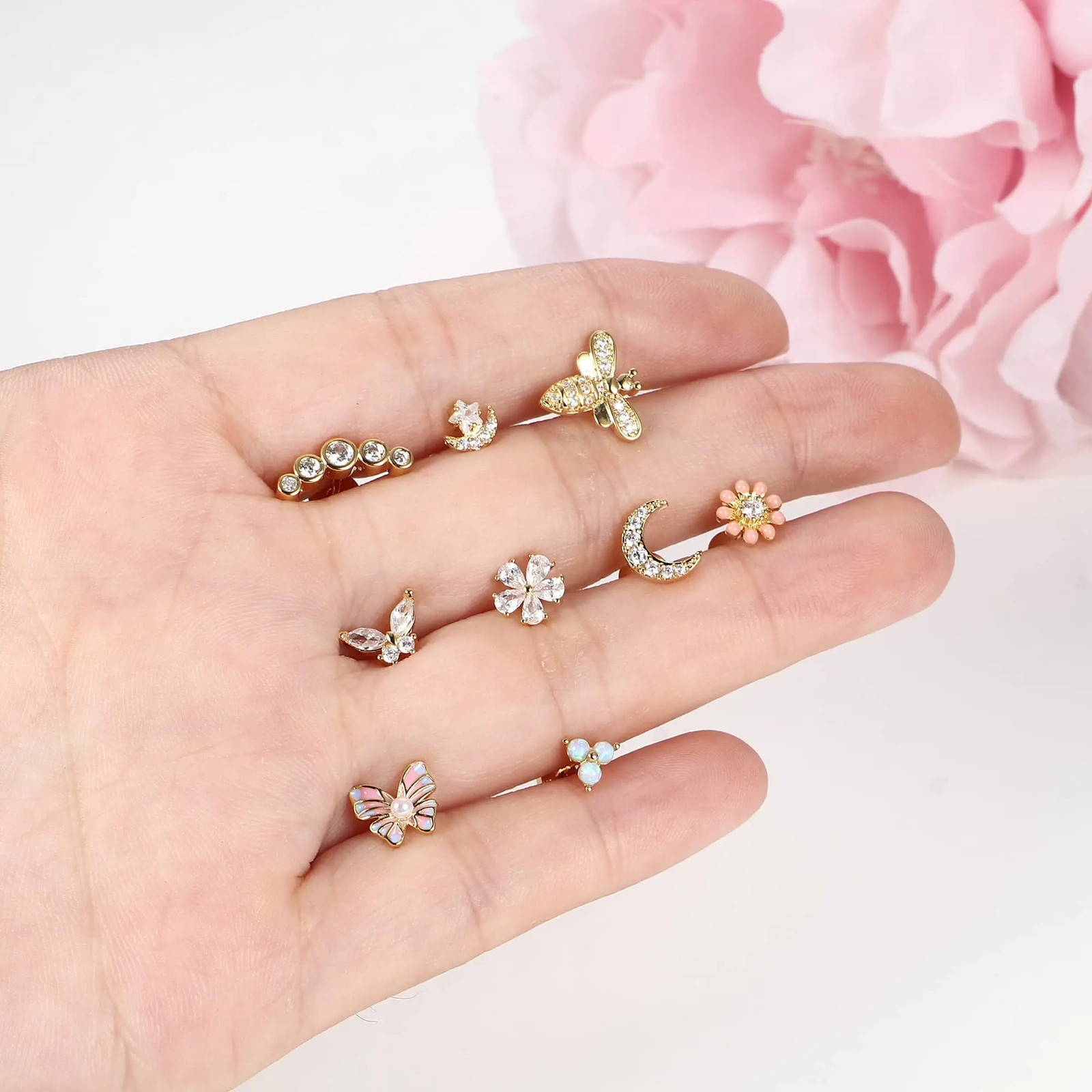 Flat Back Stud Earrings Stainless Steel Simulated Zirconia Tragus Women Jewelry