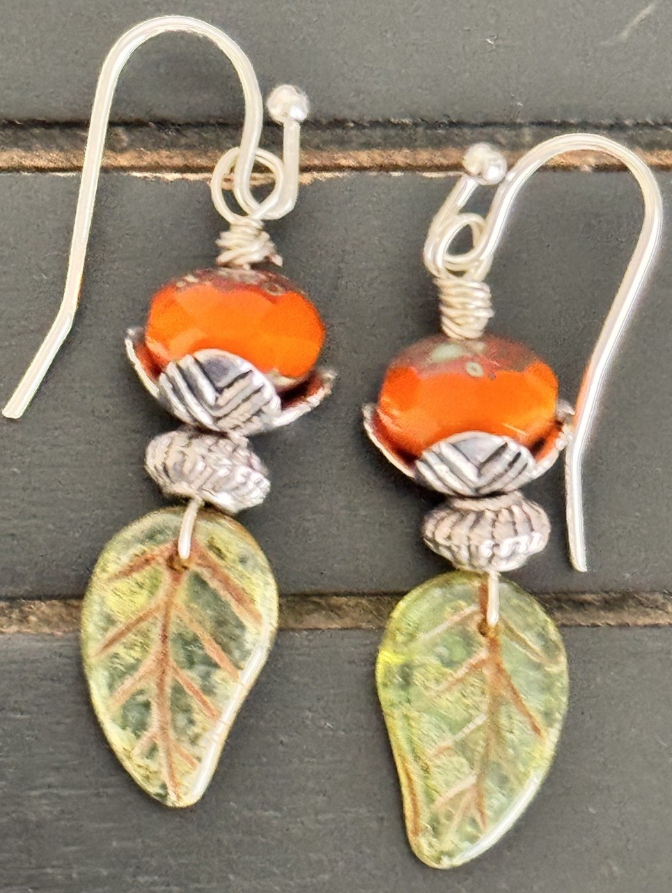 Silver and Green Leaf With Orange Czech Bead Dangle Earrings. Boho Chic.