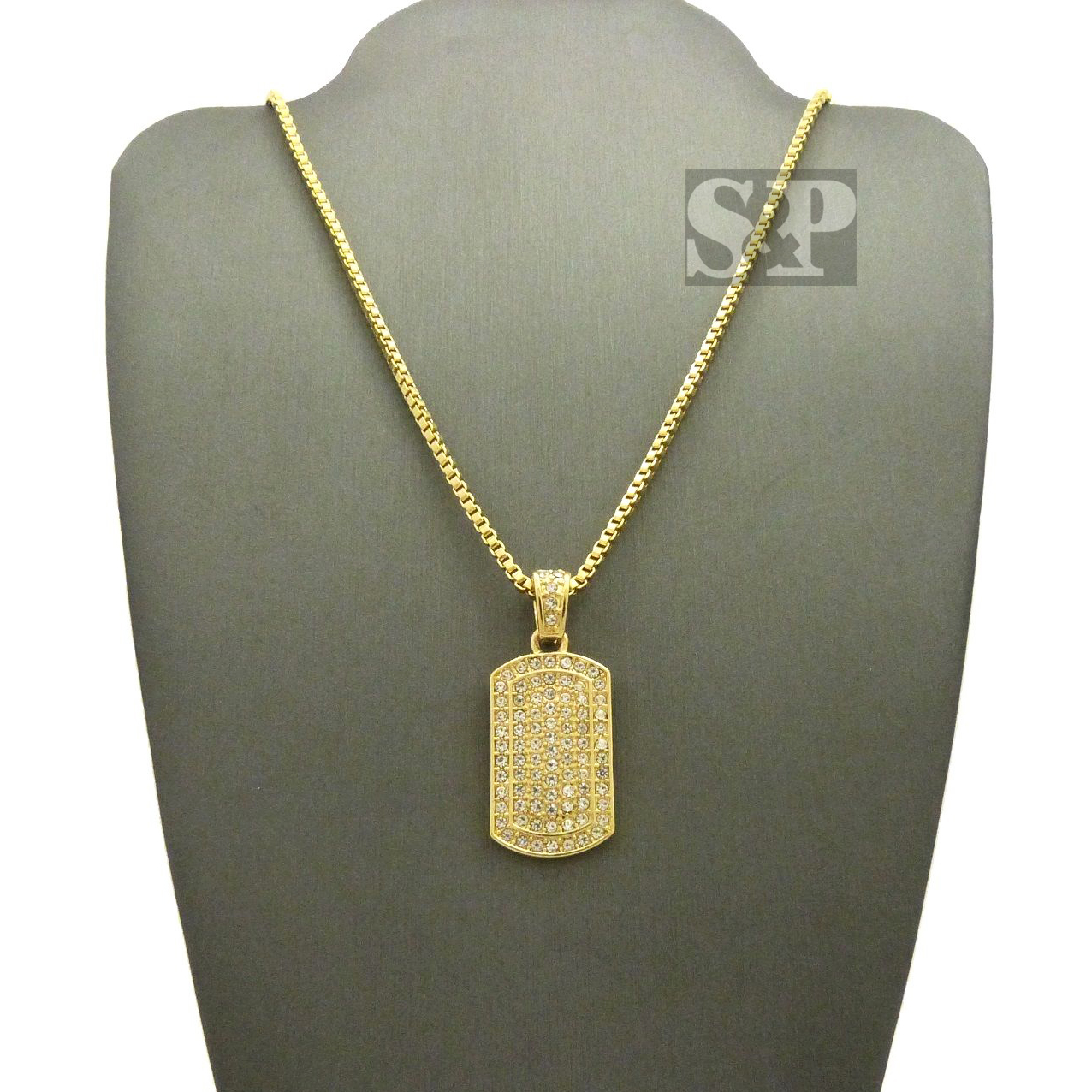 Hip Hop Iced Mini Army Gold Plated CZ Dog Tag Pendant 24″ Box Chain Necklace