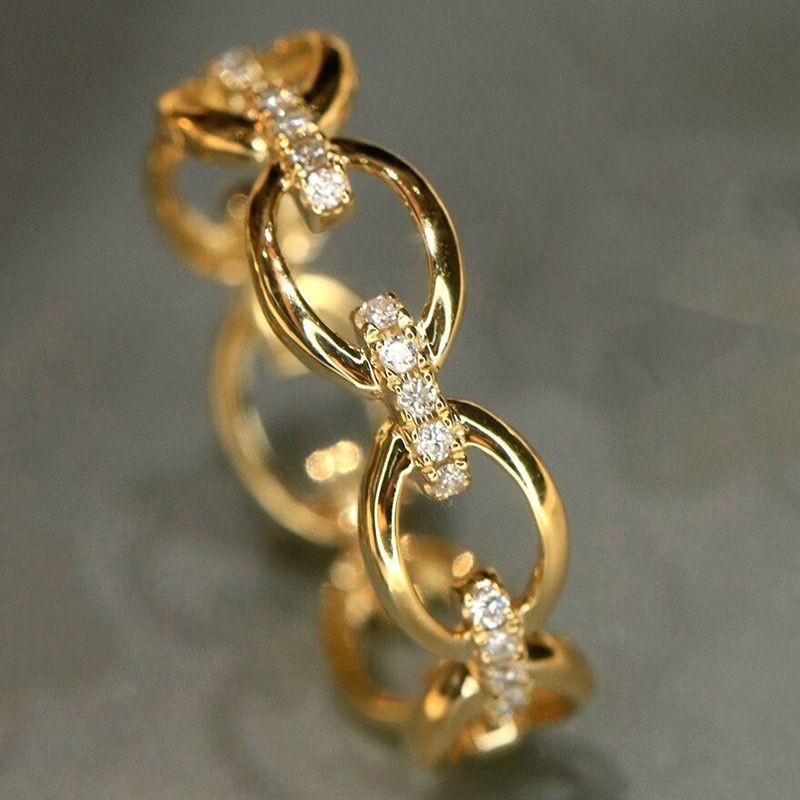ins Fashion Woman 18k Gold Plated Sparkling CZ Chain Shape Band Ring Sizes 6-10