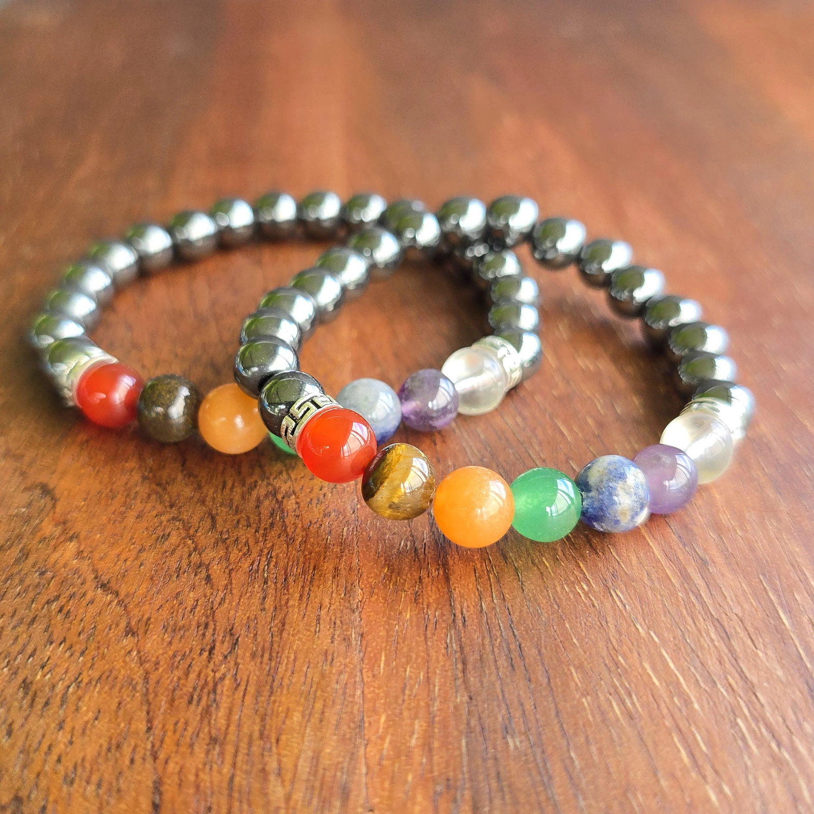 Seven Chakra Stone Hematite Bracelet: Handmade Gemstone Beaded Bracelet