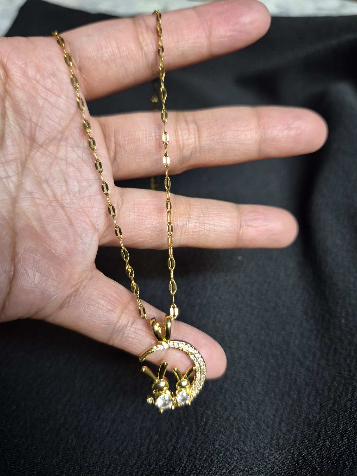 Gold Tone Cable Chain Rabbit Crescent Moon CZ Charm Pendant Necklace Toggle
