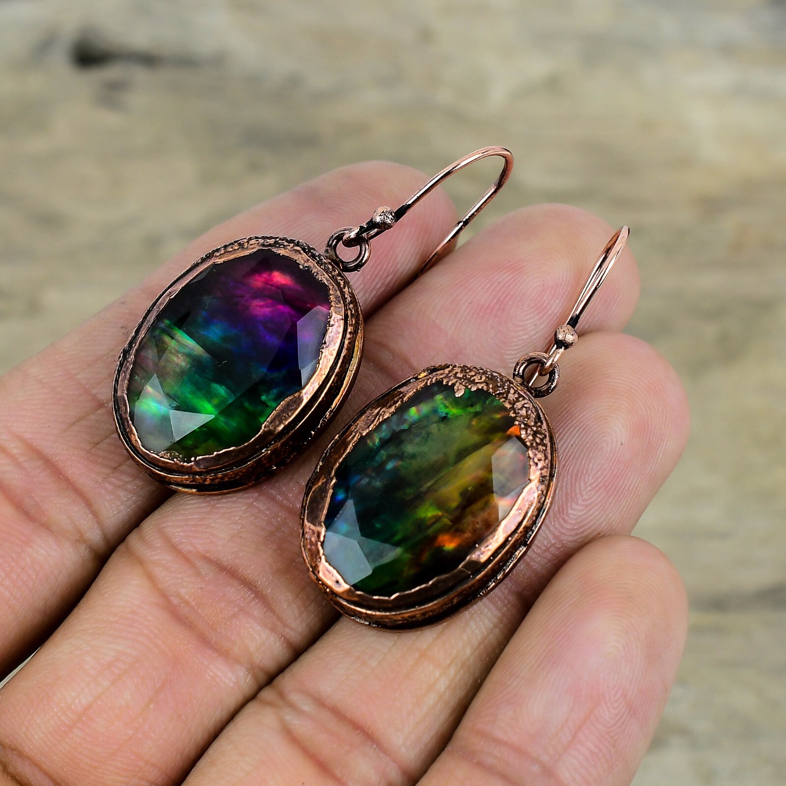 Ammolite Jewelry Copper Friend Gift Electroformed Drop/Dangle Earrings 1.85″