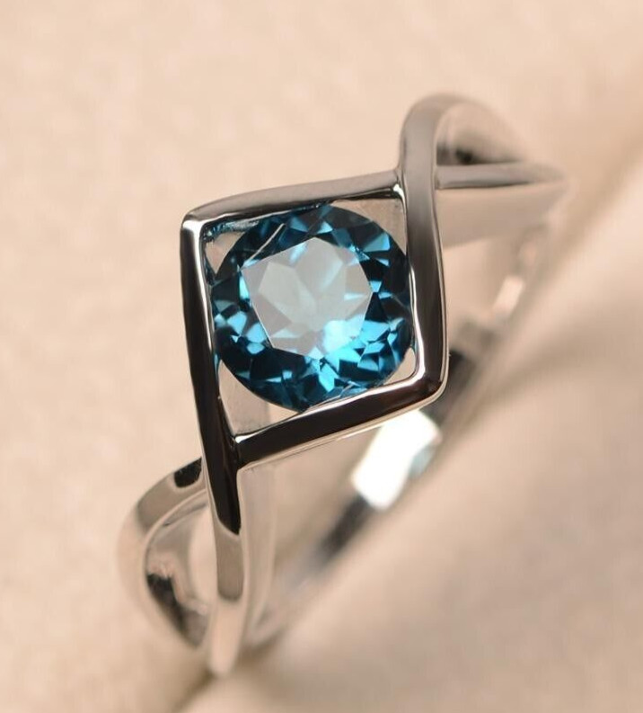Natural London Blue Topaz Ring, 925 Sterling Silver Engagement Jewellery Ring,