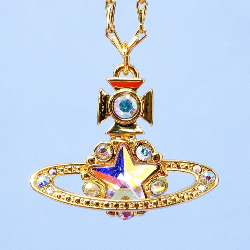 Vivienne Westwood Necklace Gold Star Orb Pendant & Holographic Crystal With Box