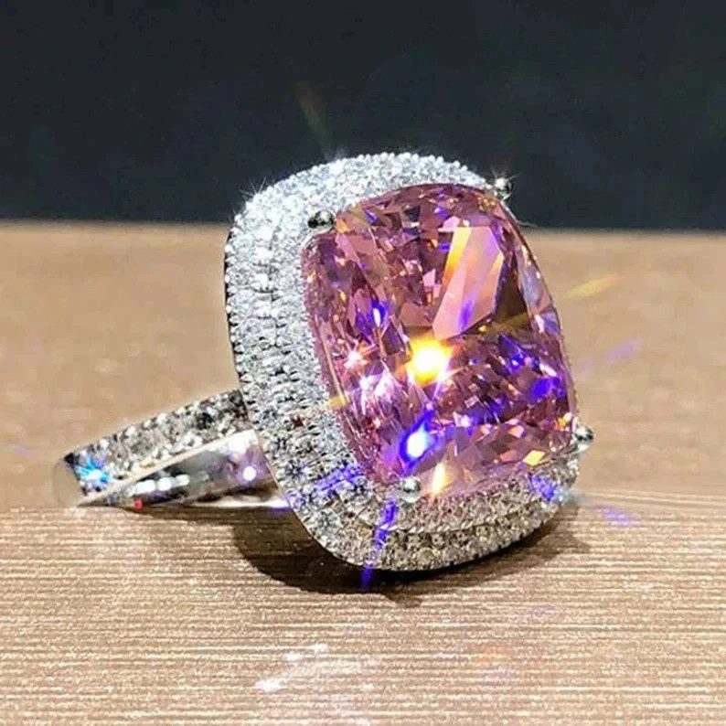 7.00 Ct Cushion Cut Natural Pink Sapphire Diamond Wedding Ring 14K White Gold FN