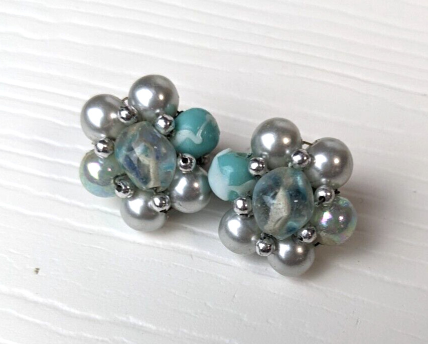 Vintage Stamped Japan Silver tone White Blue Beaded Clip On Earrings floral