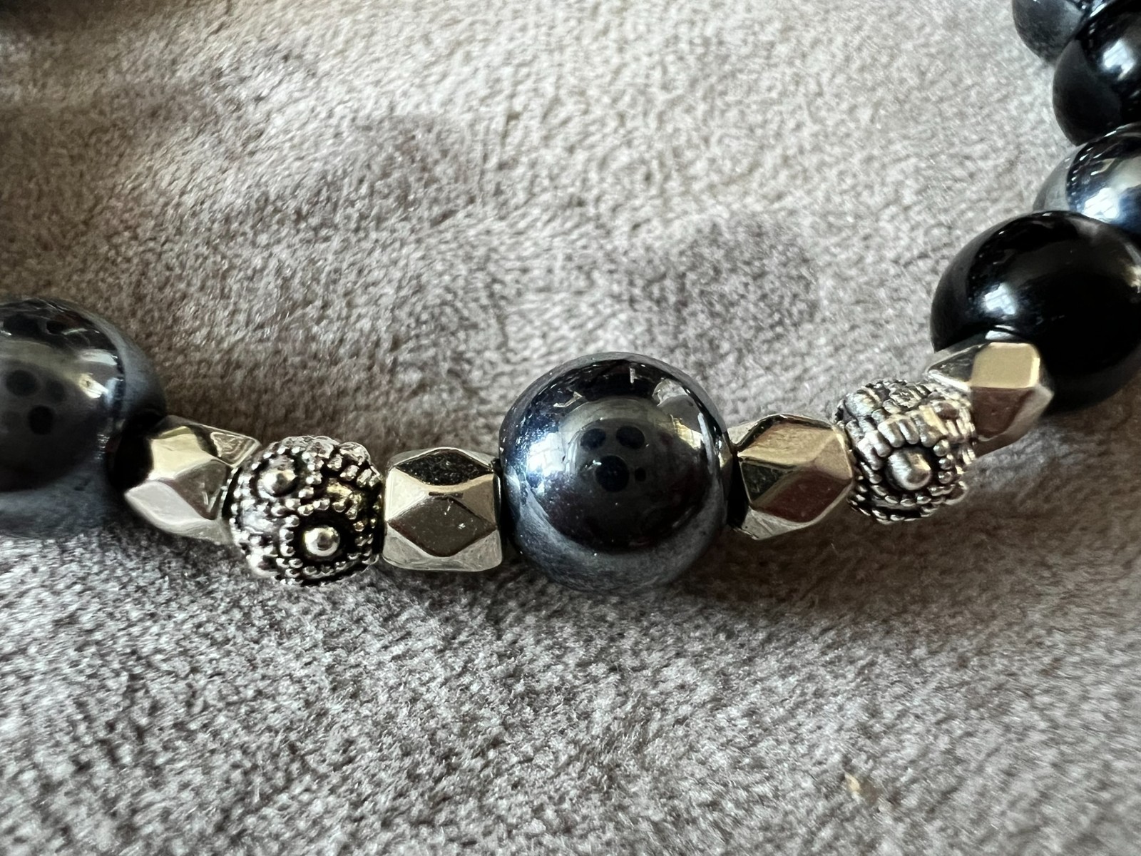 handmade elastic unique stone beads & silver accents bracelet