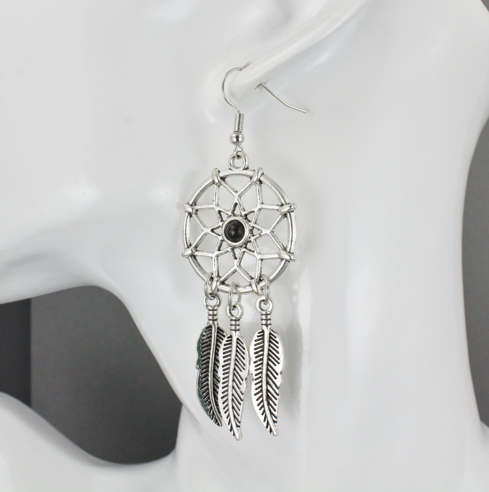 Silver dream catcher earrings dangle feather black bead lightweight 3″ long