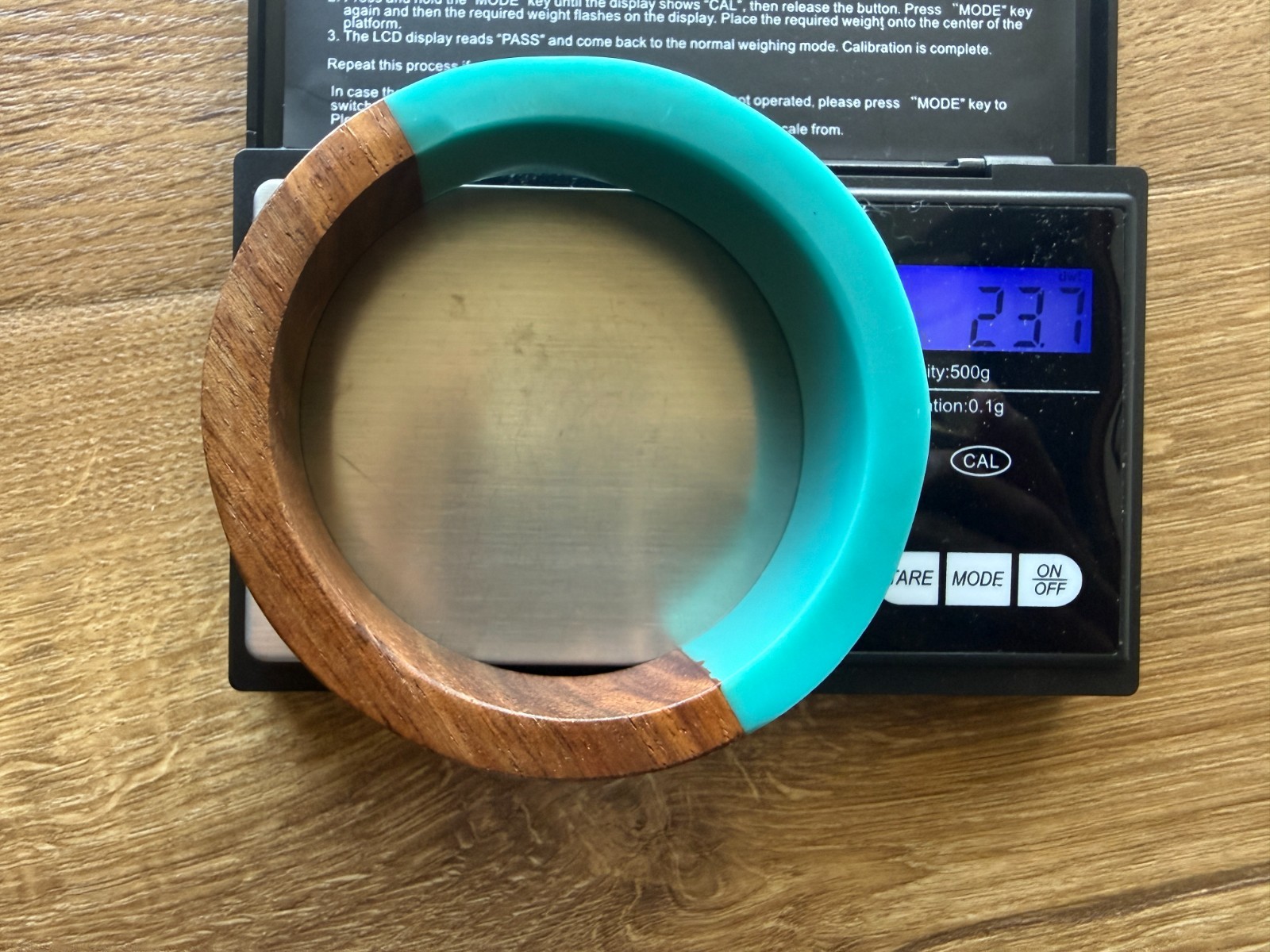 Wood and Teal Resin Bangle Bracelet Very Good Condition