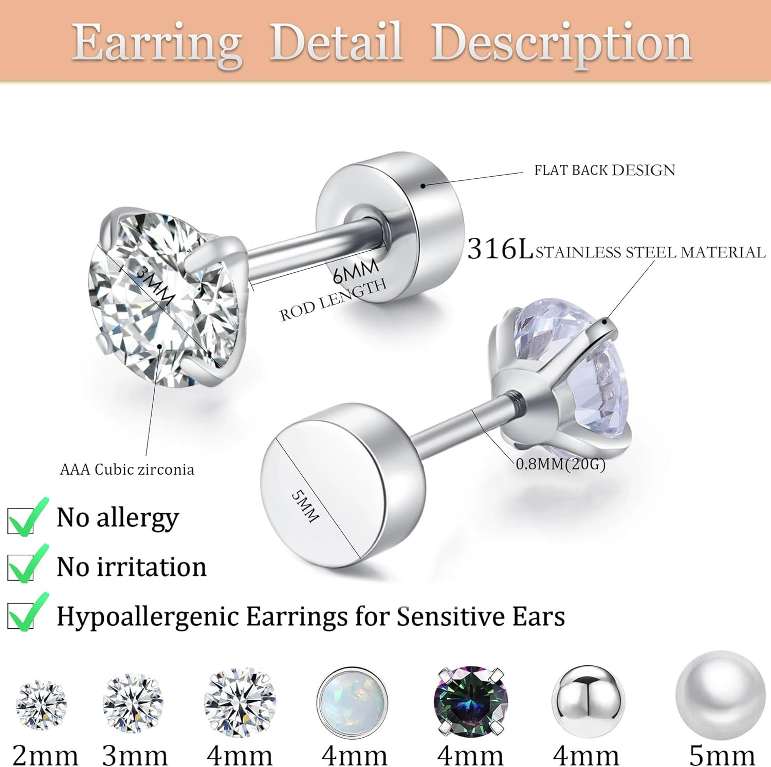 Surgical Steel Flat Back Earrings Set for Multiple Piercing Sensitive Ears,Sterl