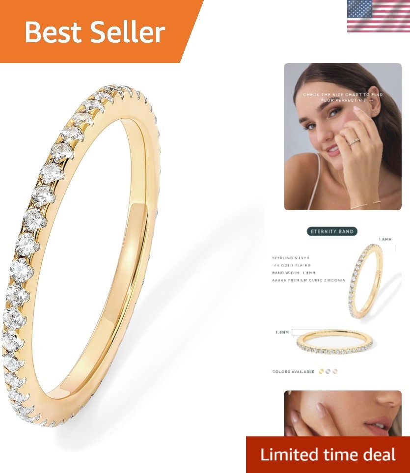 14K Gold Plated 925 Sterling Silver CZ Simulated Diamond Stackable Ring
