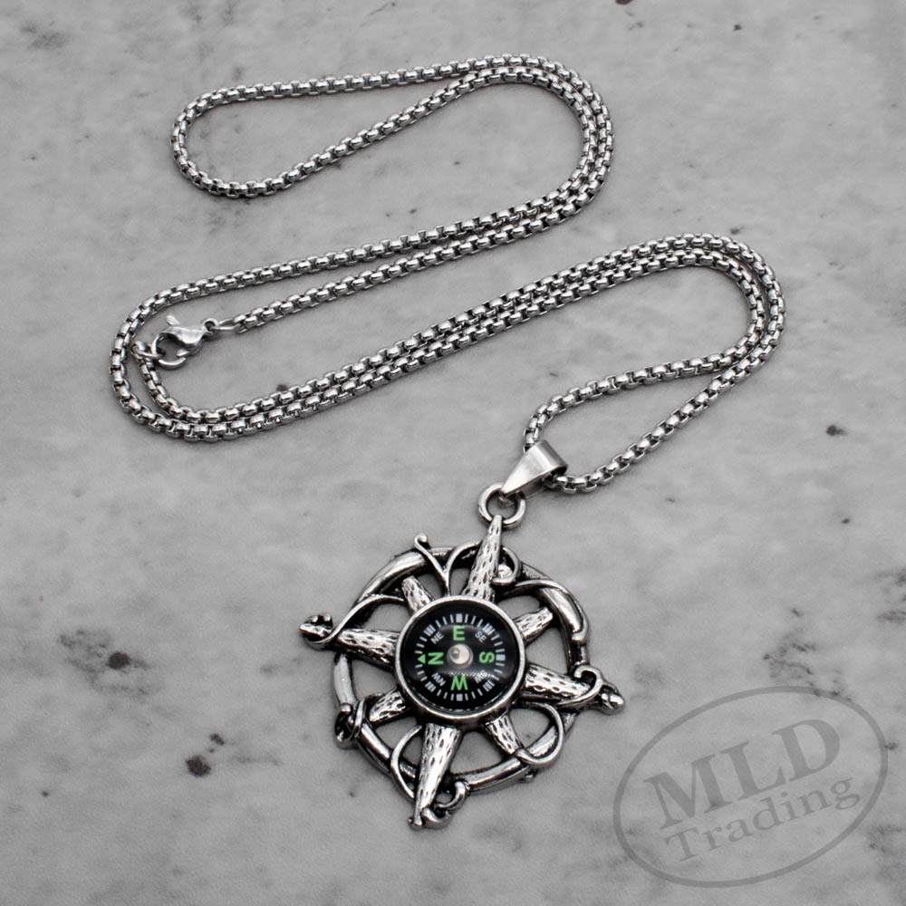 Working Compass North Star Souvenir Pendant Necklace w 24 Inch Box Chain