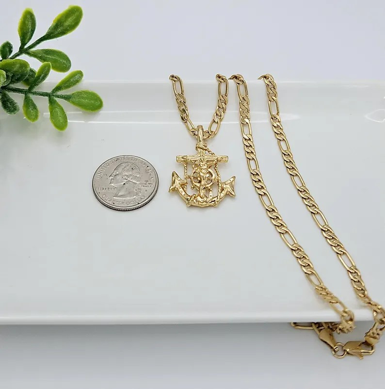 Gold Anchor Crucifix Pendant With 4mm Round Figaro Chain, 14k Heavy Plated Gold