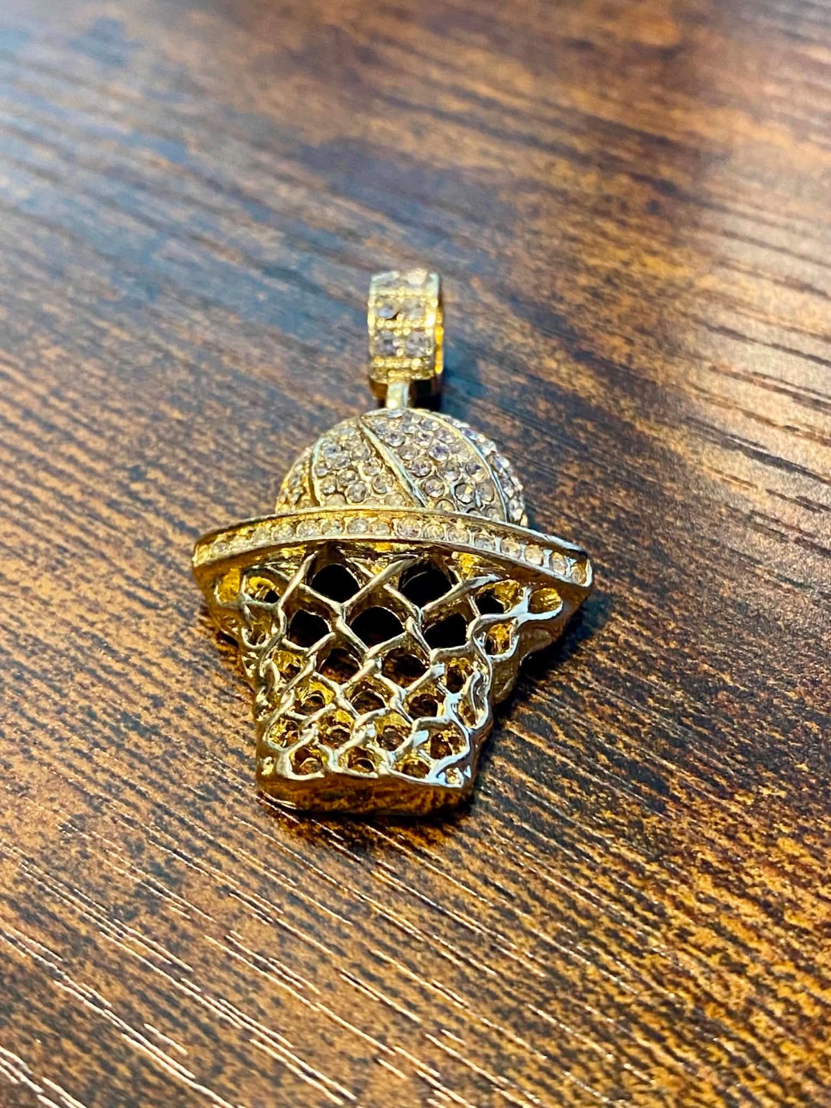 Iced 14K Gold Tone Basketball Hoop Pendant Rhinestone Sports Hip Hop Jewelry