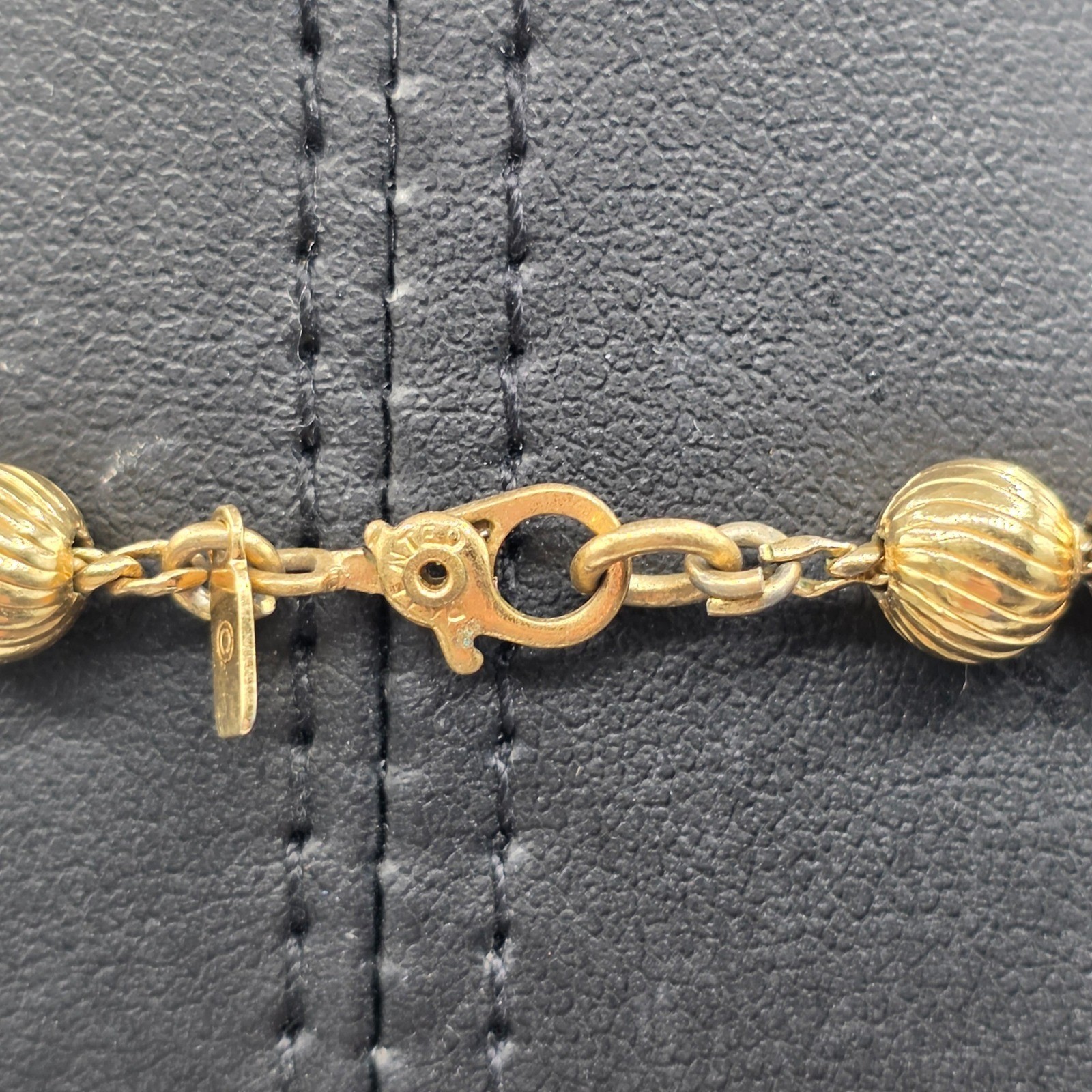 Monet Vintage Gold Tone Ribbed Bead Necklace Textured Round Strand 27 Inch