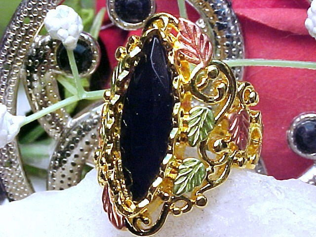 Black Hills Design Ring + Grape leaves + Black Onyx 925 Vermeil Sz 7.5