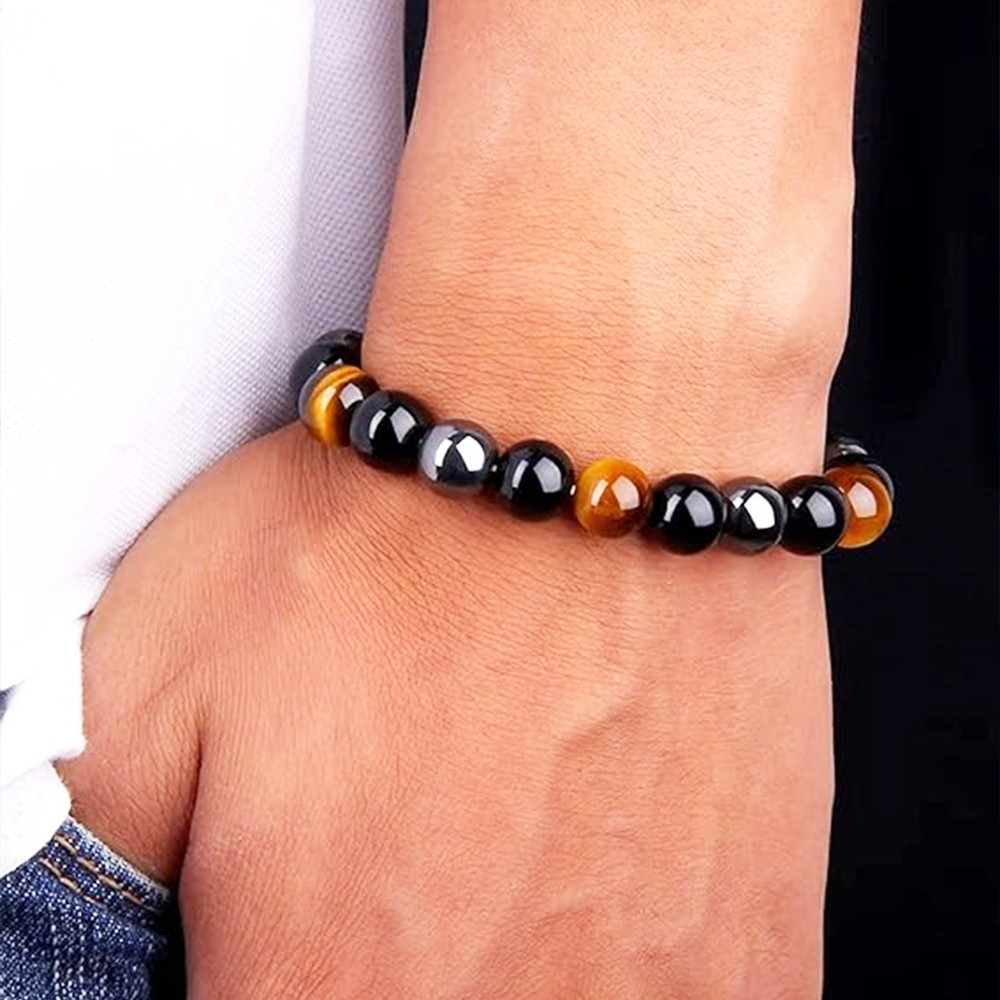 Natural Stone Hematite Tiger Eye Energy Healing Stretch Bracelet for Men Women
