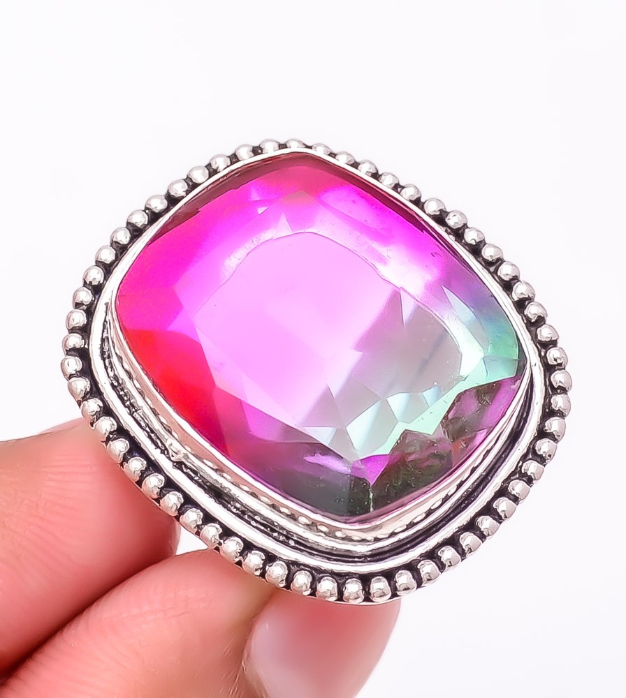 Bi-Color Tourmaline Gemstone 925 Silver Plated Jewelry Ring s.7 T8614