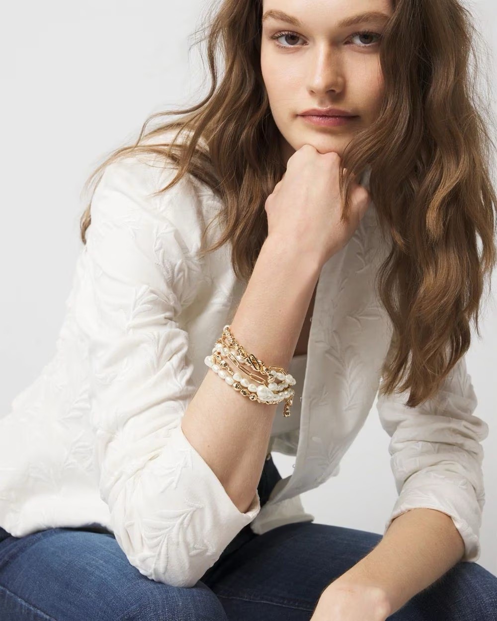 WHBM Gold Tone + Pearl Multiple Strand Bracelet Toggle Closure NWT