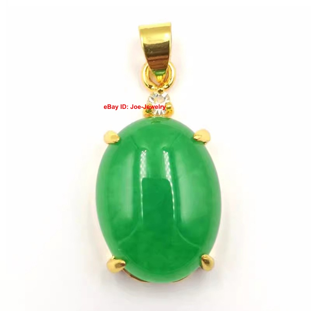 Yellow Plated Alloy Heated Oval Green Jade Pendant Vintage Chinese Style 33mm H