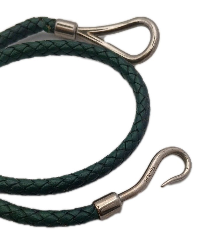 Hermès Jumbo Bracelet Green Braided Leather Palladium Plated Boxed *Please Read*