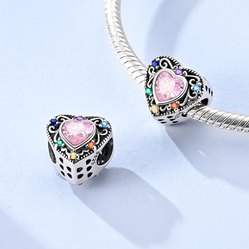 MULA 925 Sterling Silver Love Retro Pattern DIY Charm Pink CZ For Women Bracelet