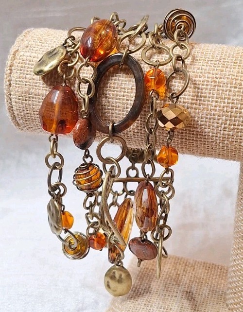 Premier Designs Hammered Bronzetone Faux Amber Bead Wide 5-Chain Toggle Bracelet