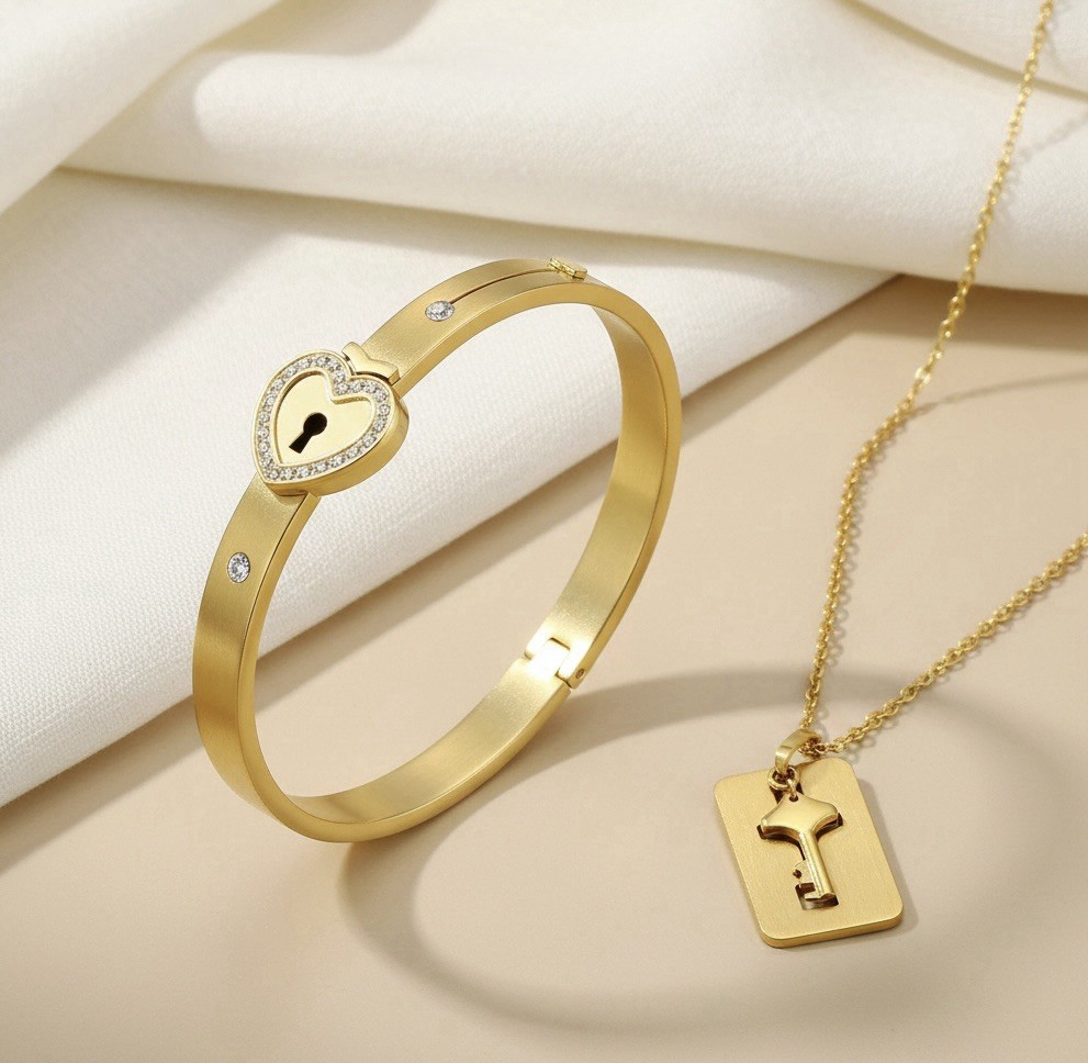 Gold Bracelet & Necklace Lock Key Set For Couples Stainless Steel Adjustable